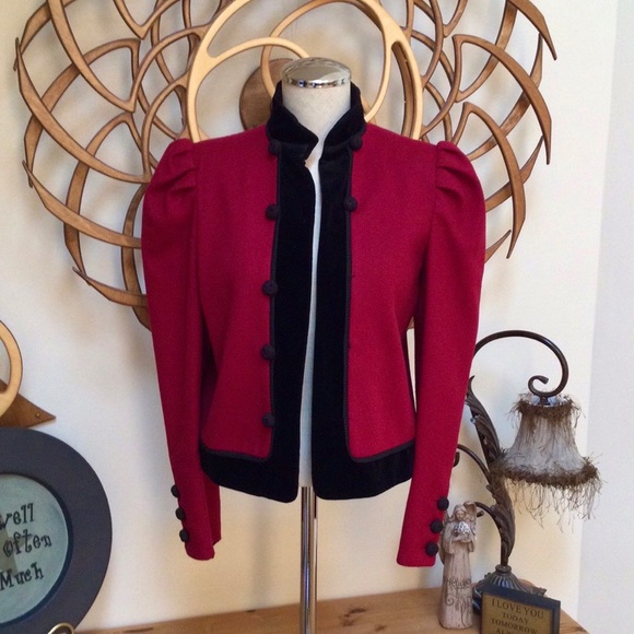 Vintage 2Pc. Don Sayres Red Wool w Black Velvet Trim & Black Velvet Skirt - Picture 3 of 11